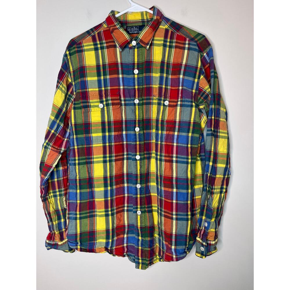 1990s Polo Ralph Lauren Red Blue Yellow Silk Linen Old Money Country Oxford L